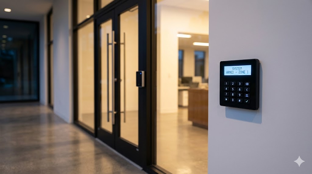 Commercial intruder alarm keypad showing system armed status